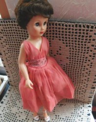 19" 14R BRUNETTE HIGH FASHION 1950 - 60S DOLL, PINK CANDY RHINESTONE DRESS, HEELS